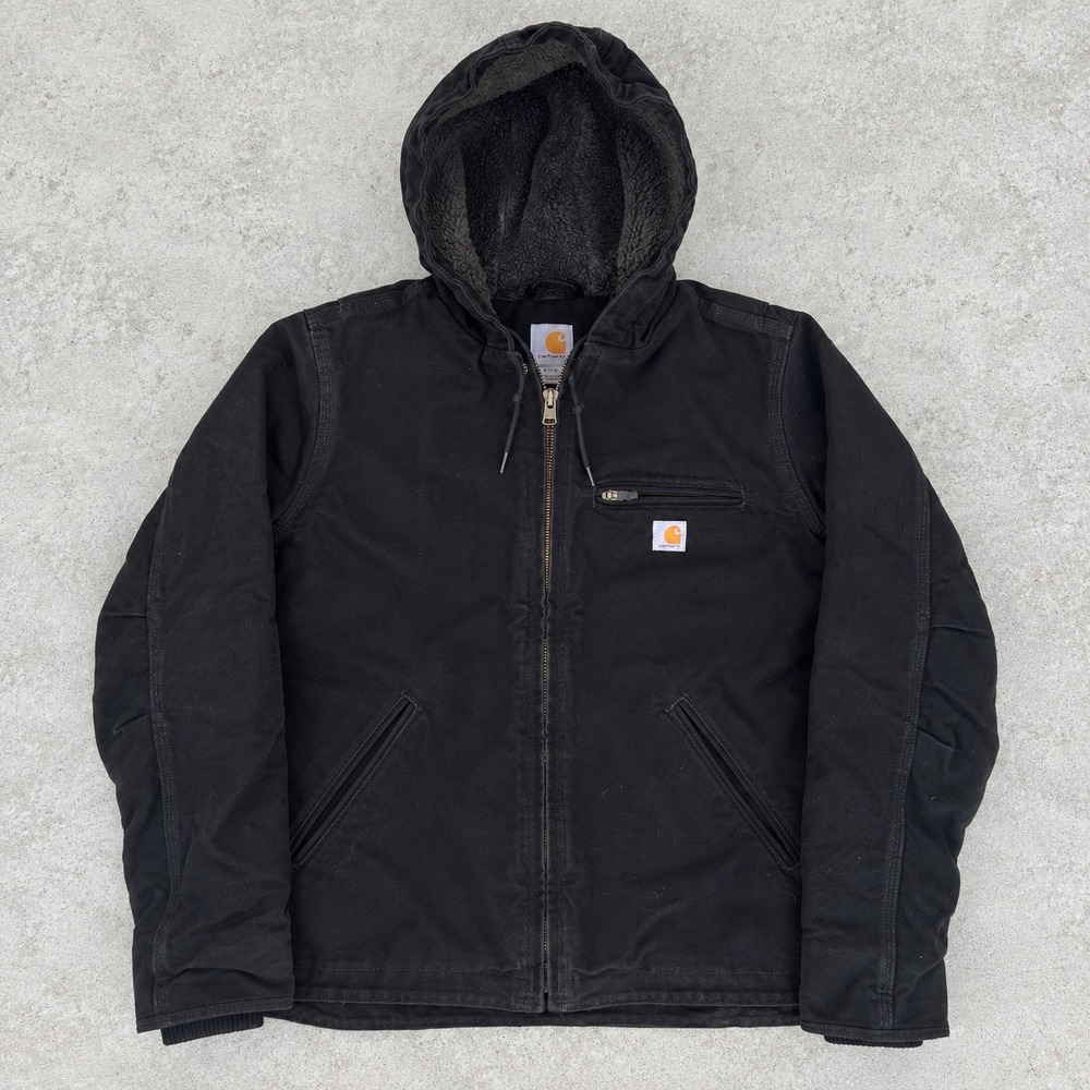Carhartt Jacket Womens Small Black Canvas Sherpa Lined Hooded Workwear Full Zip